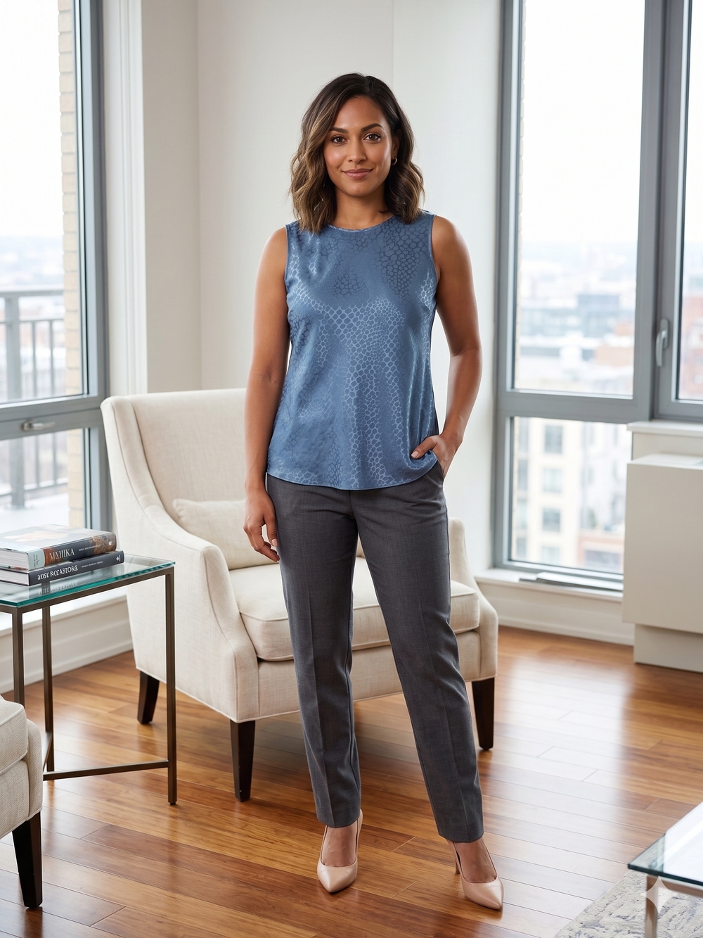 Sleeveless Blue Patterned Shell Top